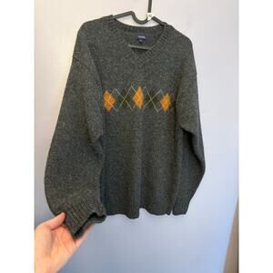Vintage Tasso 100% Wool Argyle Sweater European Large Charcoal Grey Orange